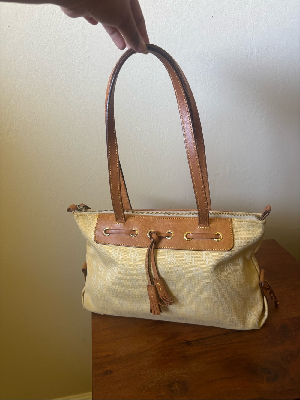 Dooney and Bourke Yellow Canvas Shoulder Bag with Tan Leather Trim